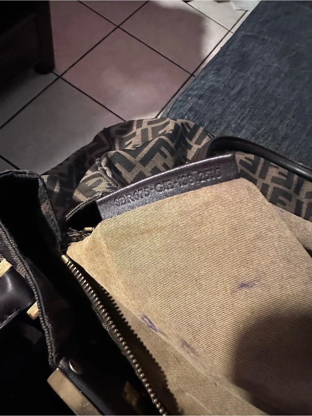 Fendi Brown Zucca Pattern Shoulder Bag with Logo Plaque